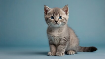 Obraz premium studio style photography featuring a single cream color British Shorthair kitten against a solid light blue background