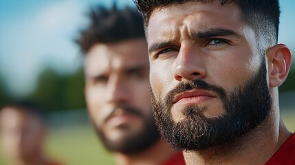 A group of soccer players intensely preparing and strategizing for an important championship game showcasing their teamwork determination and unwavering focus on the task ahead