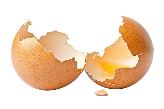 Broken eggshell with yolk, white isolate background