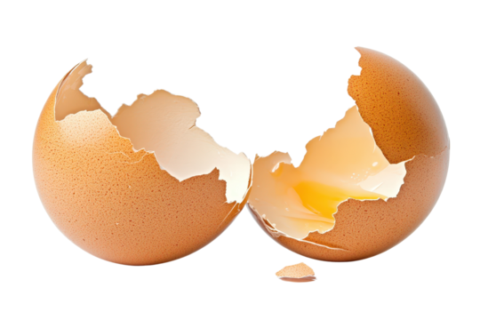 Broken eggshell with yolk, white isolate background