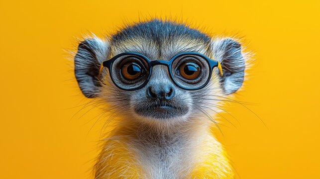 A curious monkey with glasses poses playfully against a bright yellow background, capturing a whimsical moment full of charm
