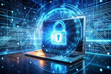 Long Exposure Cyber Security Concept with Laptop and Abstract Data Protection Background