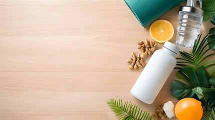 Flat lay composition featuring a variety of fitness equipment and accessories including a yoga mat heart rate monitor and reusable water bottle all arranged on a wooden floor background