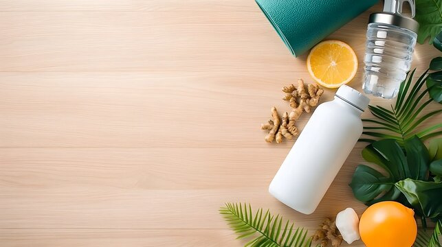 Flat lay composition featuring a variety of fitness equipment and accessories including a yoga mat heart rate monitor and reusable water bottle all arranged on a wooden floor background