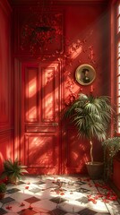 Elegant Red Interior with Sunbeams and Flowers