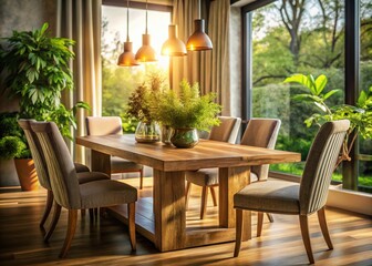 Obraz premium Long Exposure of a Cozy Wooden Dining Table with Green Leaves for Interior Design Inspiration