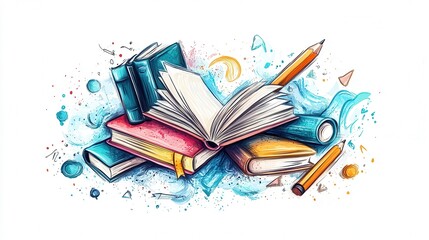 Colorful artistic illustration of open books and pencils, symbolizing creativity and knowledge with vibrant splashes of color and shapes.