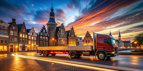 Obraz premium Long Exposure of a Flatbed Truck in Zwolle, Netherlands - September 2024 Transport Scene