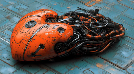 Orange robot in a heart shape with chains attached