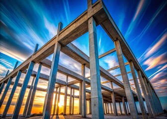 Obraz premium Long Exposure of Concrete Pillars and Cantilever Beams Against Blue Sky – Architectural Structure Photography