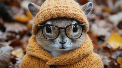 Obraz premium Adorable squirrel wearing glasses and a cozy sweater in a forest filled with autumn leaves