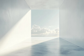 Minimalist abstract Space with Sunlight and Cloudy Sky View Through Large Window in PowerPoint margins, lettersable images