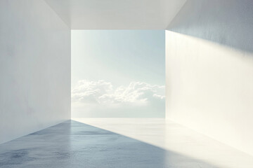 Minimalist Open Space with Sunlight and Cloudy Sky View Through Large Window in PowerPoint margins, lettersable images