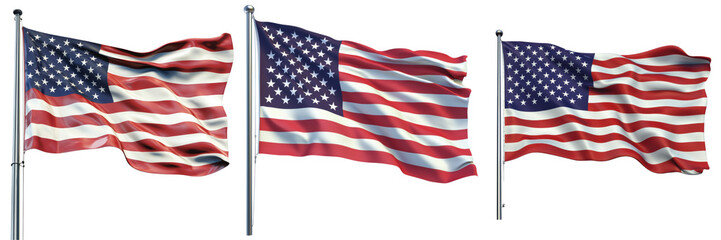 Fototapeta premium Three flowing American flags against a black background, showcasing the stars and stripes in dynamic motion.