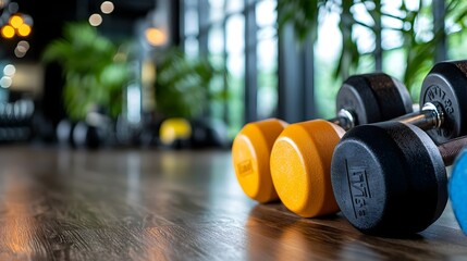 Well equipped weight rack in a modern well lit gym interior setting with various dumbbells and barbells prepared for a strength training and fitness workout session