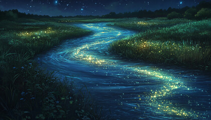 Fototapeta premium A flowing river resembling the Milky Way, where the water sparkles with glowing, star-like particles