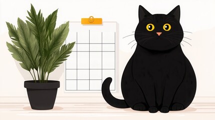 Cute Black Cat and Balanced Diet Chart Illustration