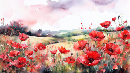 Obraz premium Watercolor poppy flowers in the field