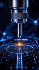 Close-up of a precision tool working on a high-tech surface with glowing elements, blue background.