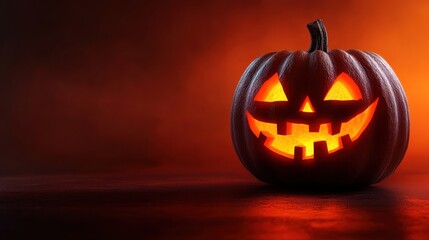 Glowing Jack-o'-Lantern with Spooky Smile on Dark Background for Halloween Celebration and Autumn Festivities