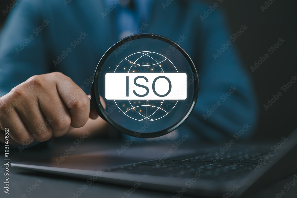 Aufkleber iso standards quality control concept, businessman using laptop with iso icon for assurance and warr