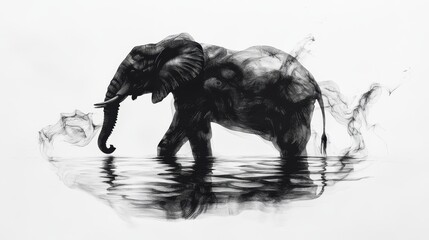 Majestic Elephant Silhouette in Water with Artistic Smoke Effect on White Background
