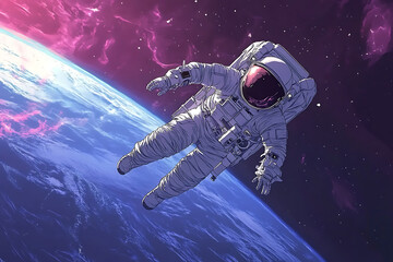 Fototapeta premium An astronaut floats in space above Earth, surrounded by a cosmic backdrop.