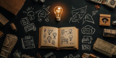 Creative concept of a book with a glowing light bulb surrounded by sketches, symbolizing innovation and inspiration.