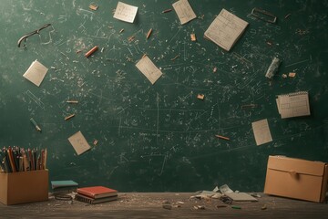 Creative workspace with chalkboard filled with notes, scattered papers, and office supplies, capturing the essence of brainstorming and innovation.