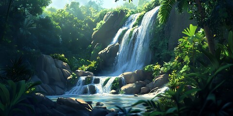 Tranquil Waterfall in a Lush Jungle - A Peaceful Oasis Surrounded by Verdant Greenery and Exotic Plants