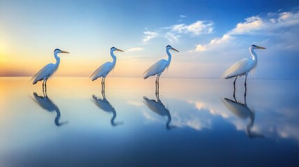 Naklejka premium Four white herons stand in a row on a calm, blue lake with their reflections mirrored perfectly in the water. The sky is a gradient of blue and orange, with a few fluffy white clouds.