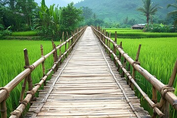 Obraz premium Traditional Wooden Bridge Over Rice Fields