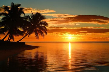 Sunset by the Beach with Palm Tree Silhouettes