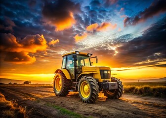 Obraz premium Low Light Photography of a Yellow Tractor Parked in an Open Area at Dusk