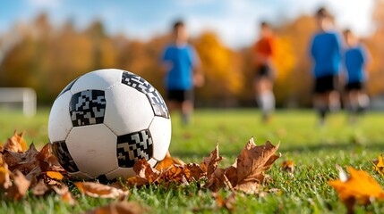 A group of soccer players engaging in practice drills on a grassy field surrounded by the vibrant colors of autumn leaves on a sunny day