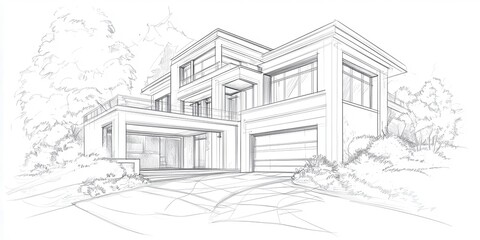 Elegant architectural sketch of a modern two-story house with large windows and garage, surrounded by natural landscape.