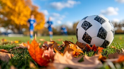 Professional soccer players running training drills on a vibrant colorful autumn sports field demonstrating their athletic skills and teamwork