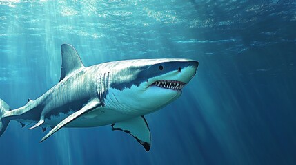 Fototapeta premium A great white shark swims through the water, illuminated by sunbeams.