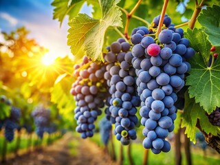 Naklejka premium Lush Blue Grapes on Vine with Green Leaves in Sunny Vineyard, Perfect for Agriculture and Wine Production Concepts