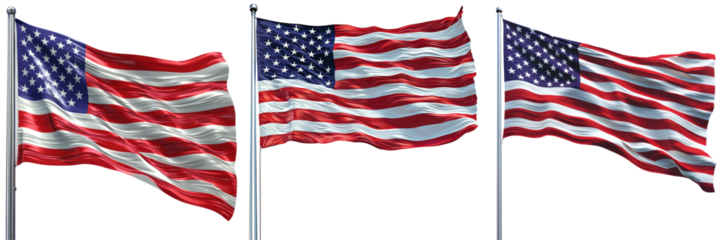 Three waving American flags against a transparent background, showcasing patriotism and national pride.
