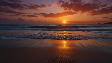 a sunset over the ocean with a sunset in the background.
