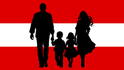 Silhouette of a Family Holding Hands on an Austrian Flag