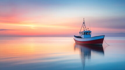 Naklejka premium A small fishing boat sits at anchor in the calm waters of a bay at sunrise. The sky is a vibrant mix of pink, orange, and blue.