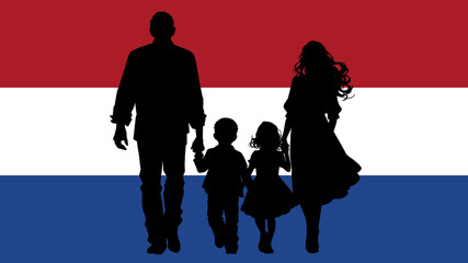 Silhouette of a Family Holding Hands on a Netherlands Flag