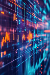 Fototapeta premium abstract digital glitch background with orange and blue lines and shapes on black screen