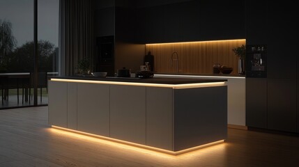 A modern kitchen island with nearby cabinetry lit by LED strips, improving task visibility and adding subtle ambient light.