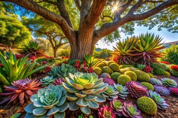 Obraz premium Lush Succulent Garden Thriving Under Tree Shade for a Tranquil Outdoor Atmosphere and Natural Beauty