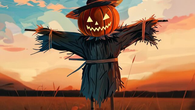 Halloween night background with scarecrow and pumpkin illustration style.