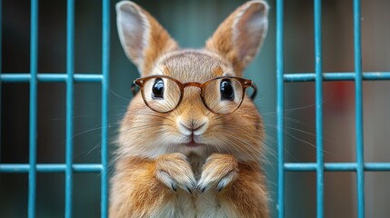Obraz premium A curious rabbit wearing glasses poses cutely inside a wire cage, showcasing its adorable features and attentive expression