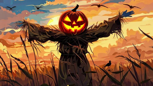 Halloween night background with scarecrow and pumpkin illustration style.